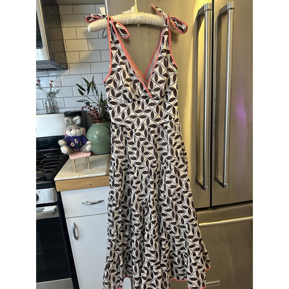 Trina Turk Sleevelass Tie-shoulder Dress Size 8 Tiered Skirt Elongated Neck-line